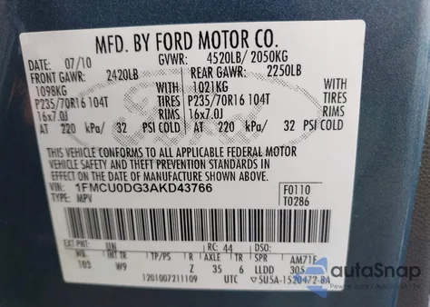 2010 Ford Escape Xlt from USA, damaged, VIN 1FMCU0DG3AKD43766